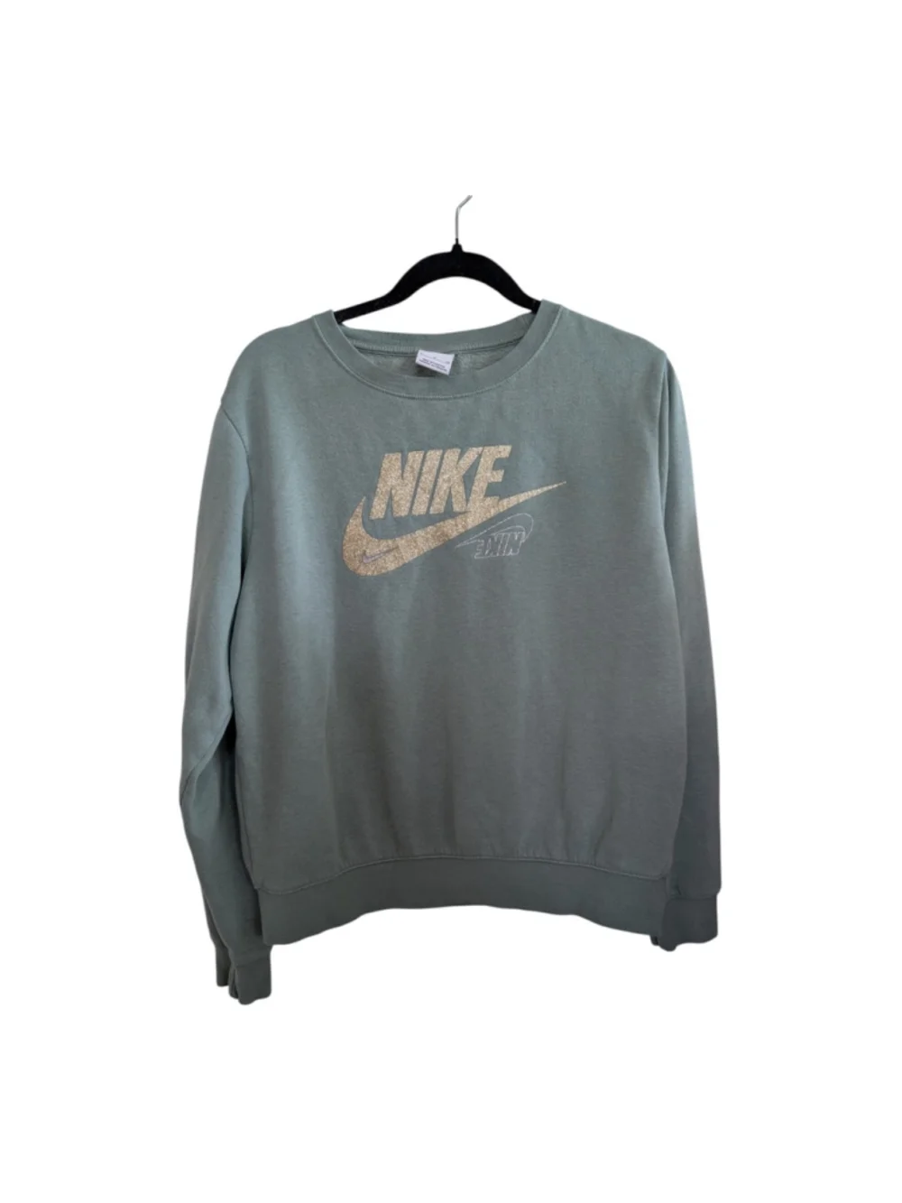Nike Sportswear Green Womens Size S Spellout Logo Gold Glitter Fleece Sweatshirt